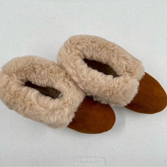 NWOB David Tate Caramel Leather Upper Suede Tan "Fur" Slip On Warm Bootie Shoes - Picture 2 of 7